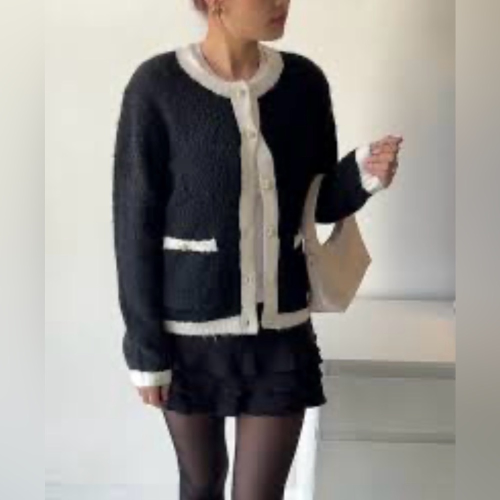 Alison Sheri Boucle Cardigan Black White Size Small